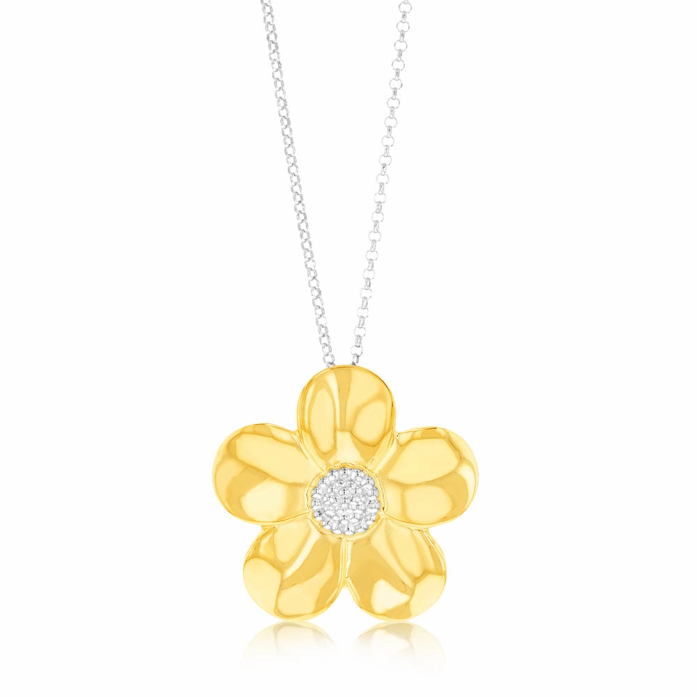 Sterling Silver Gold Plated Cubic Zirconia Flower Pendant on 40 5cm Silver Chain