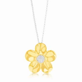 Sterling Silver Gold Plated Cubic Zirconia Flower Pendant on 40 5cm Silver Chain