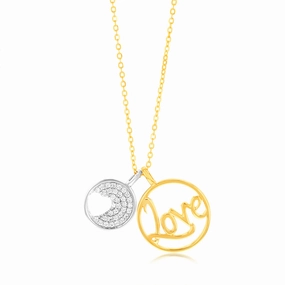 Sterling Silver Gold Plated Cubic Zirconia Heart And "Love" Twin Circle Pendant On Chain