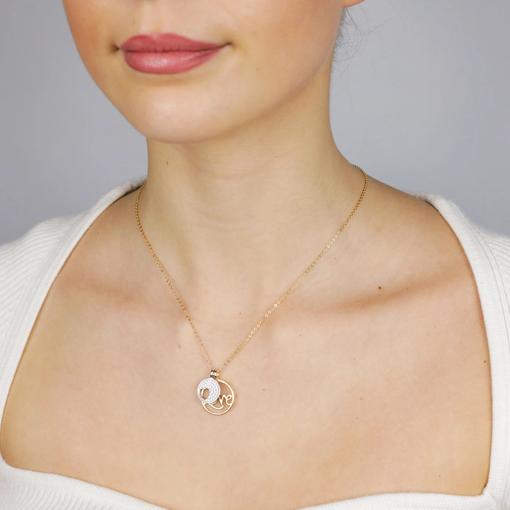 Sterling Silver Gold Plated Cubic Zirconia Heart And "Love" Twin Circle Pendant On Chain