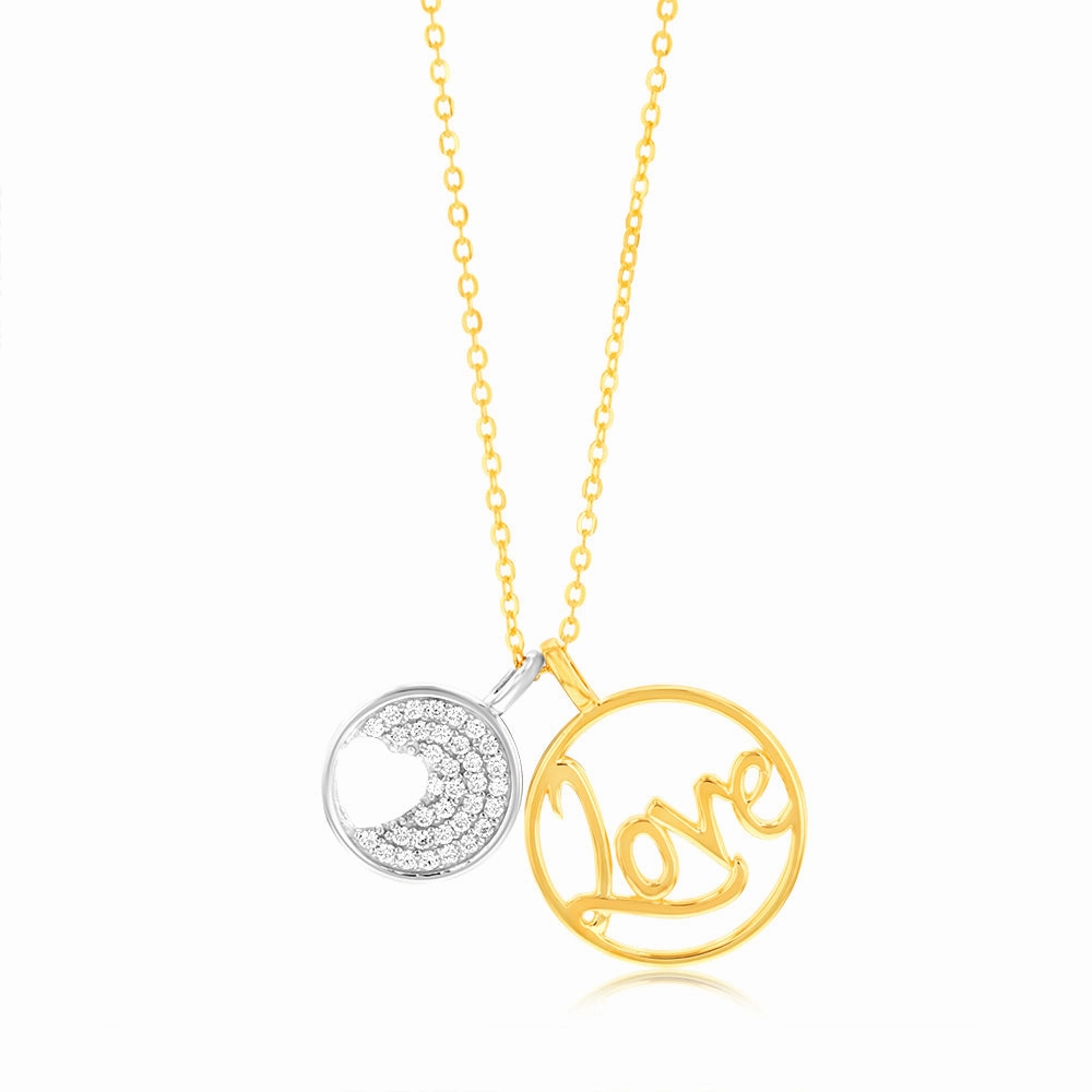 Sterling Silver Gold Plated Cubic Zirconia Heart And "Love" Twin Circle Pendant On Chain