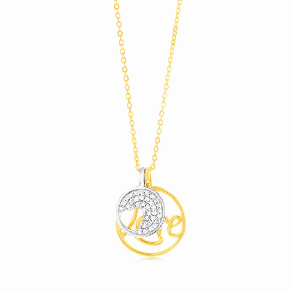 Sterling Silver Gold Plated Cubic Zirconia Heart And "Love" Twin Circle Pendant On Chain
