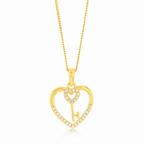 Sterling Silver Gold Plated Cubic Zirconia Key And Heart Pendant