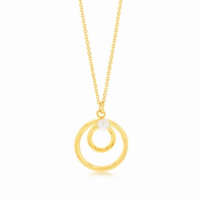 Sterling Silver Gold Plated Double Circle Synthetic Pearl Pendant on 45cm Chain