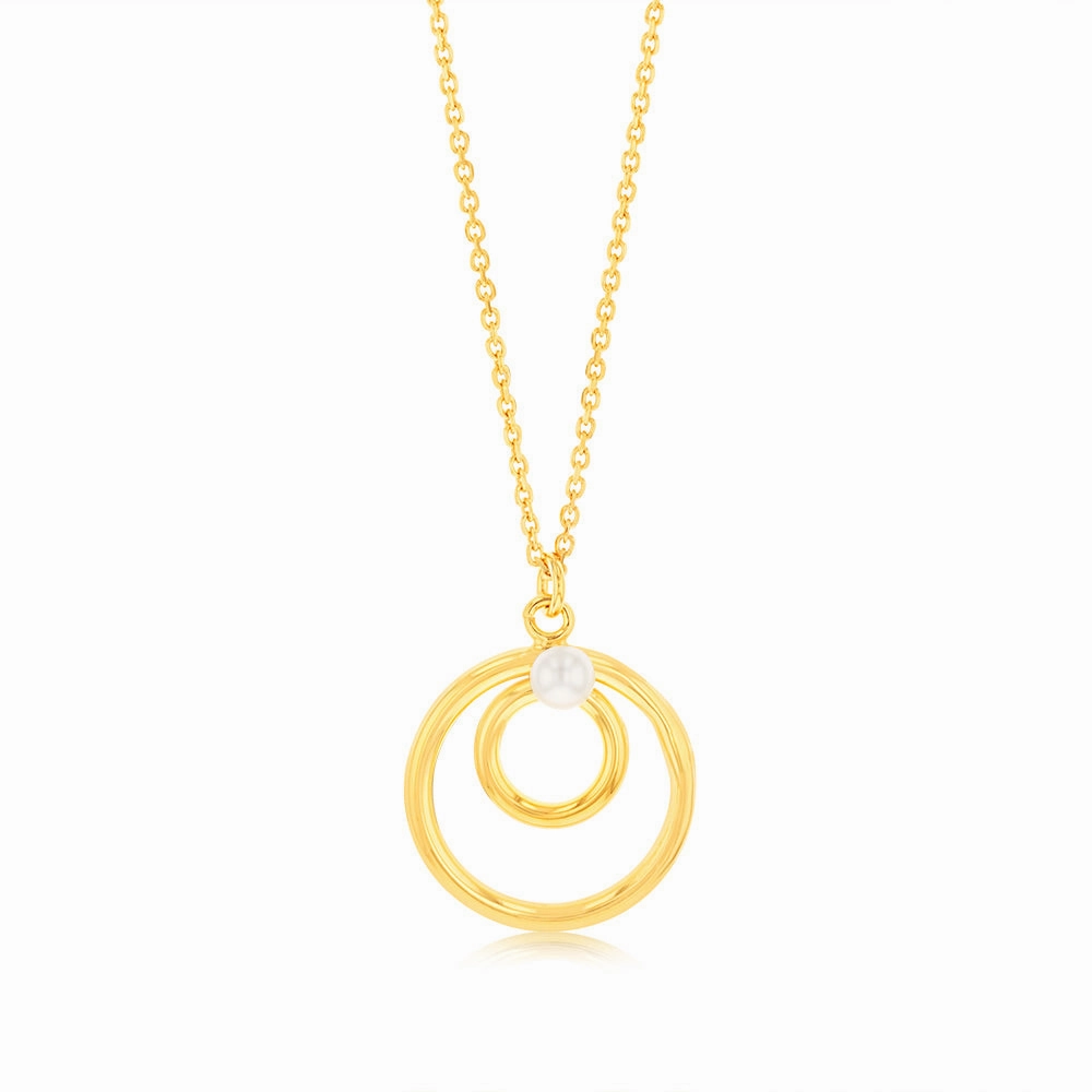 Sterling Silver Gold Plated Double Circle Synthetic Pearl Pendant on 45cm Chain