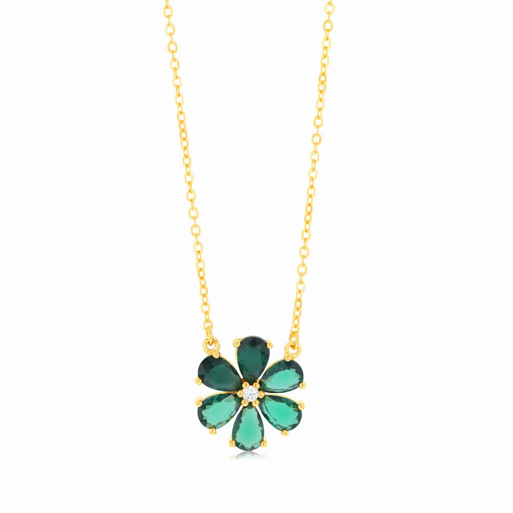 Sterling Silver Gold Plated Green Cubic Zirconia Flower Pendant On Chain