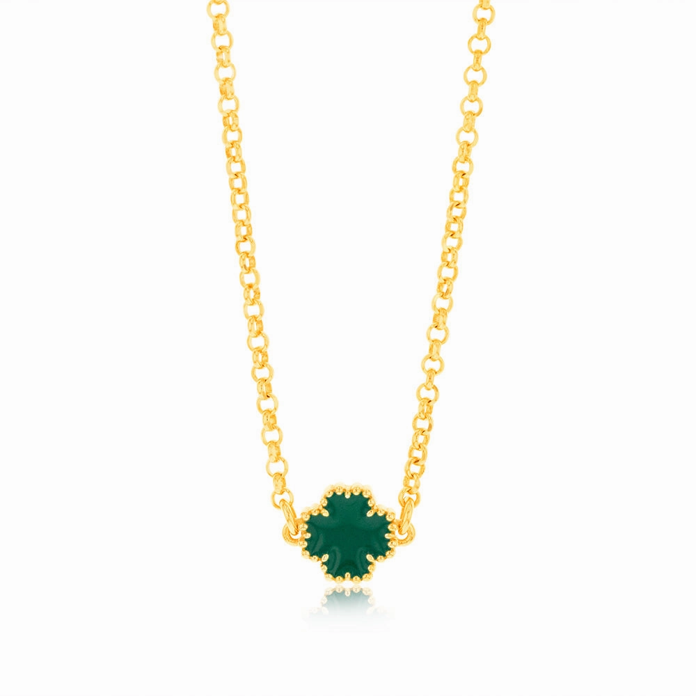 Sterling Silver Gold Plated Green Four Leaf Enamel Flower Pendant On chain