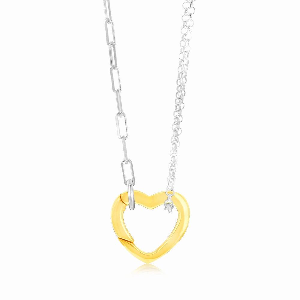 Sterling Silver Gold Plated Heart Pendant On Fancy 45cm Silver Chain