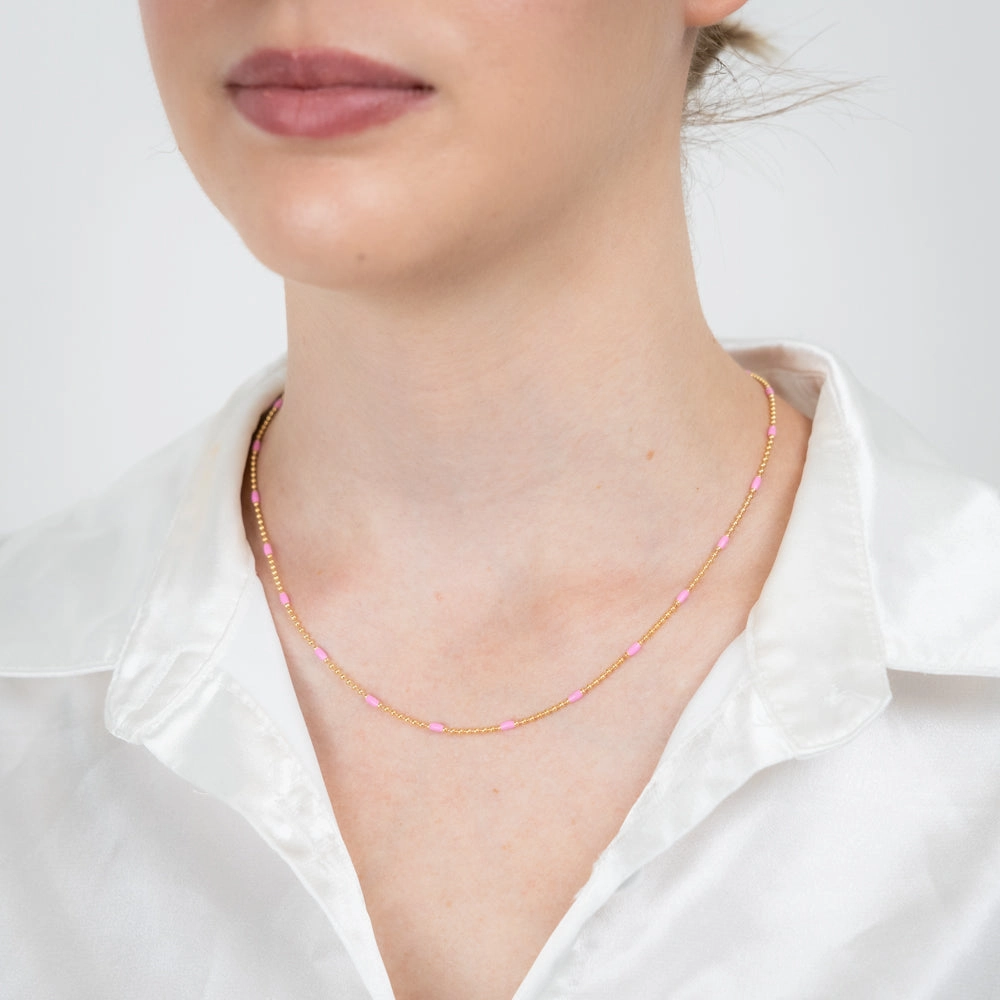 Sterling Silver Gold Plated Pink Enamel Bead 45cm Chain