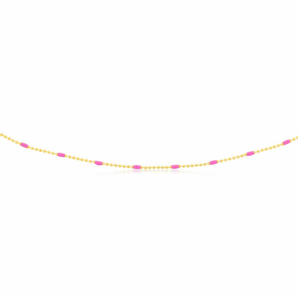Sterling Silver Gold Plated Pink Enamel Bead 45cm Chain