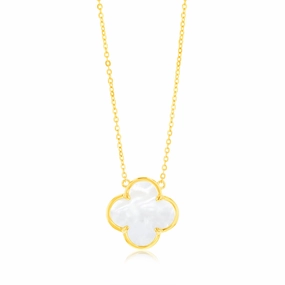 Sterling Silver Gold Plated White Shell Pearl Four Leaf Clover Pendant On Chain