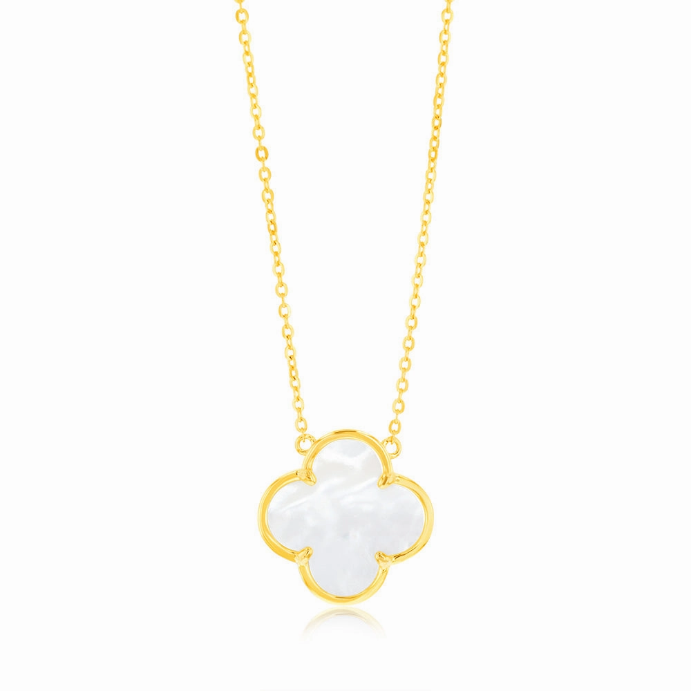 Sterling Silver Gold Plated White Shell Pearl Four Leaf Clover Pendant On Chain