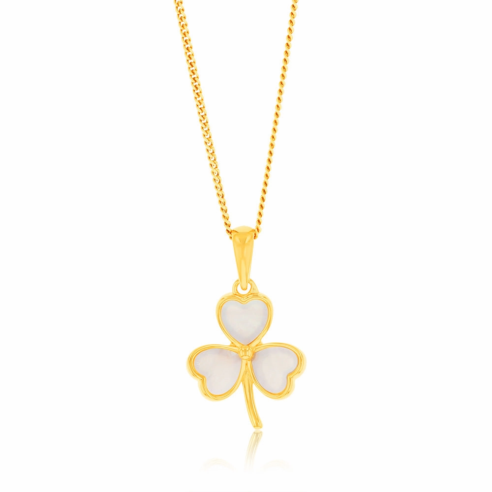 Sterling Silver Gold Plated White Shell Pearl Three Clover Pendant
