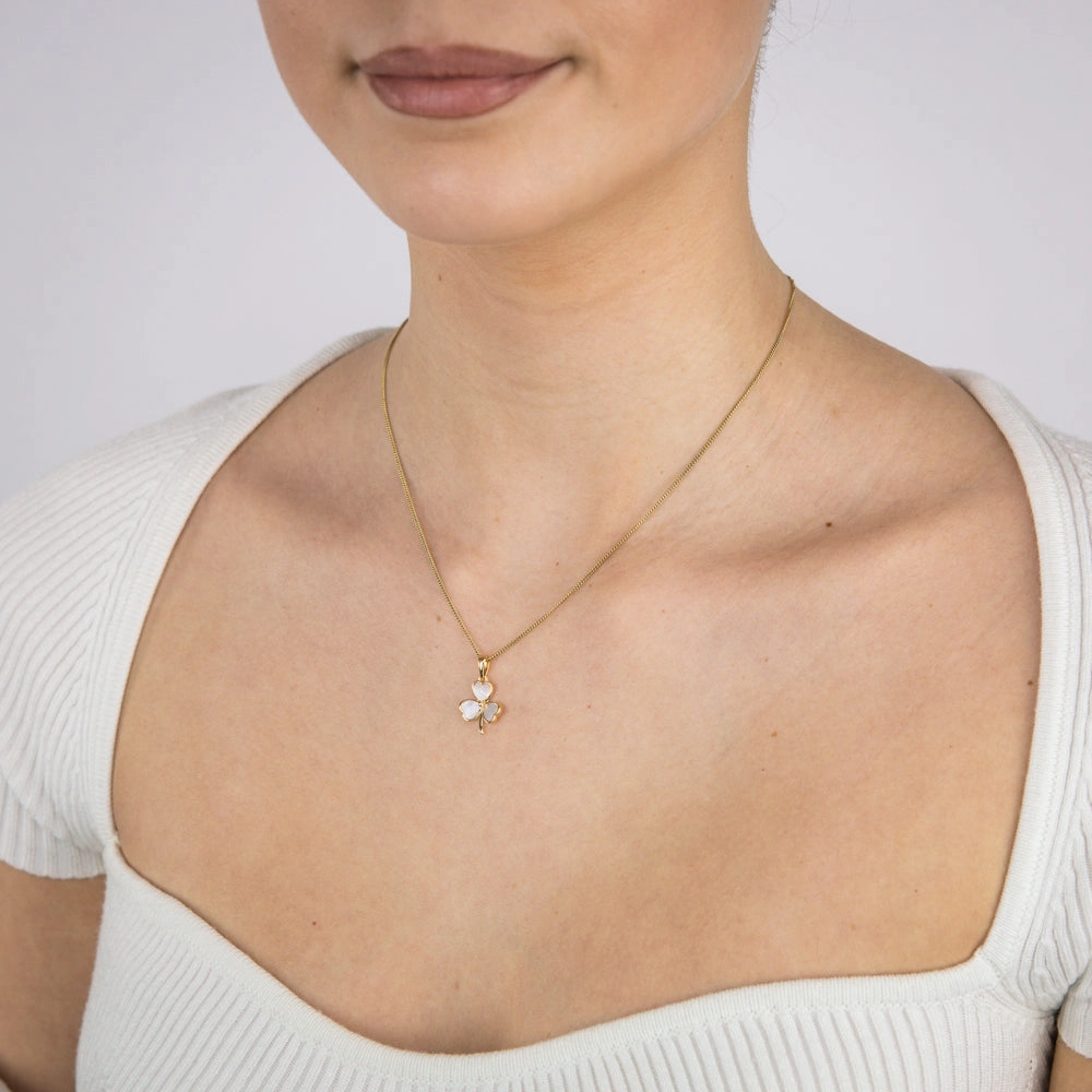 Sterling Silver Gold Plated White Shell Pearl Three Clover Pendant