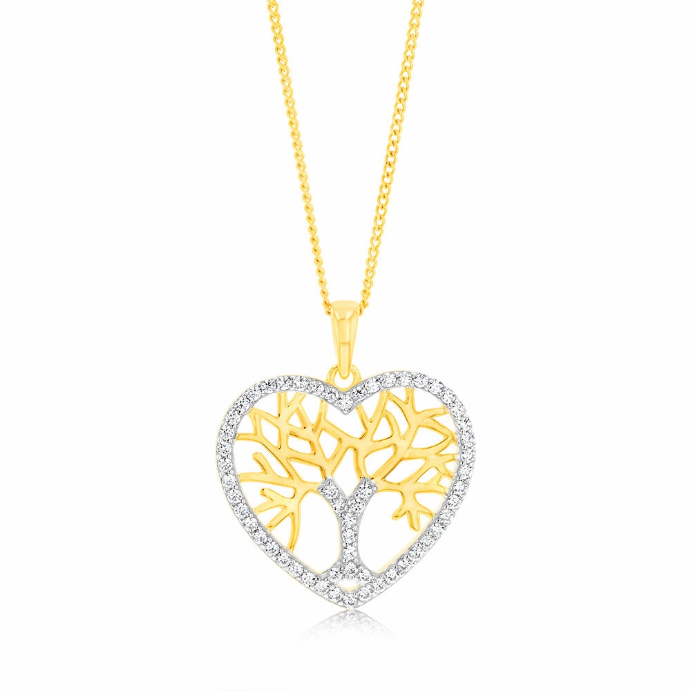 Sterling Silver Gold Plated Zirconia Tree Of Life Heart Pendant
