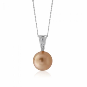 Sterling Silver Golden South Sea approx 10-12mm & Diamond Pendant