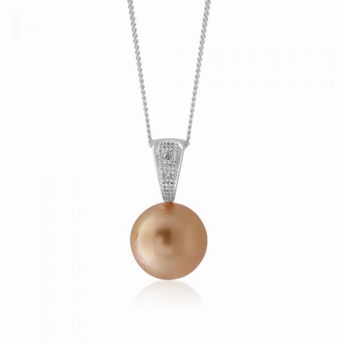 Sterling Silver Golden South Sea approx 10-12mm & Diamond Pendant