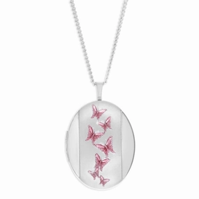 Sterling Silver Pink Butterfly Oval Locket 20mm