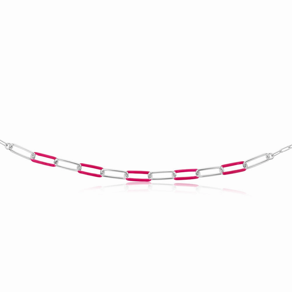 Sterling Silver Pink Enamel On Fancy 40cm Chain