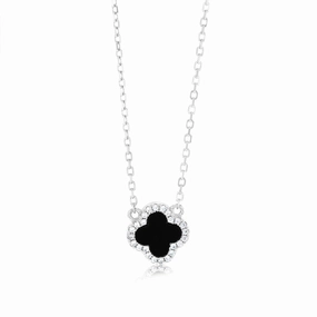 Sterling Silver Rhodium Plated Clover Black Agate And White CZ Pendant On 40-45cm Chain