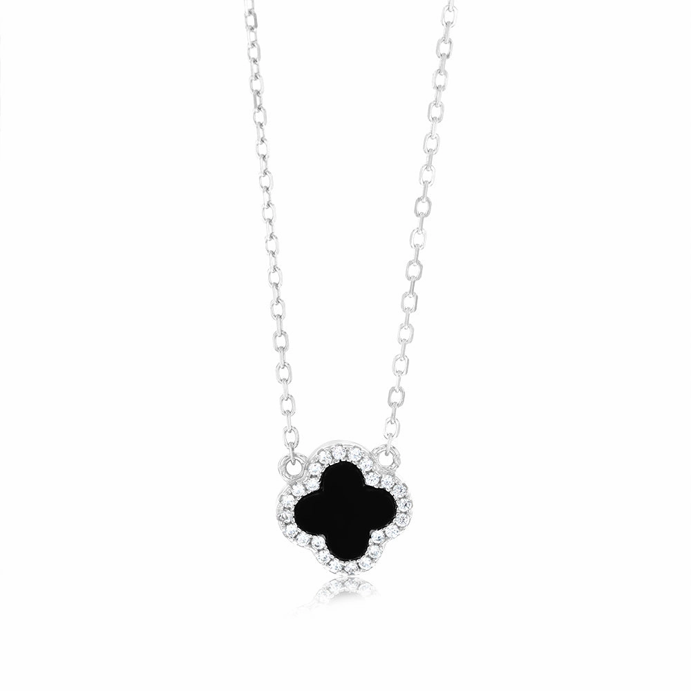 Sterling Silver Rhodium Plated Clover Black Agate And White CZ Pendant On 40-45cm Chain