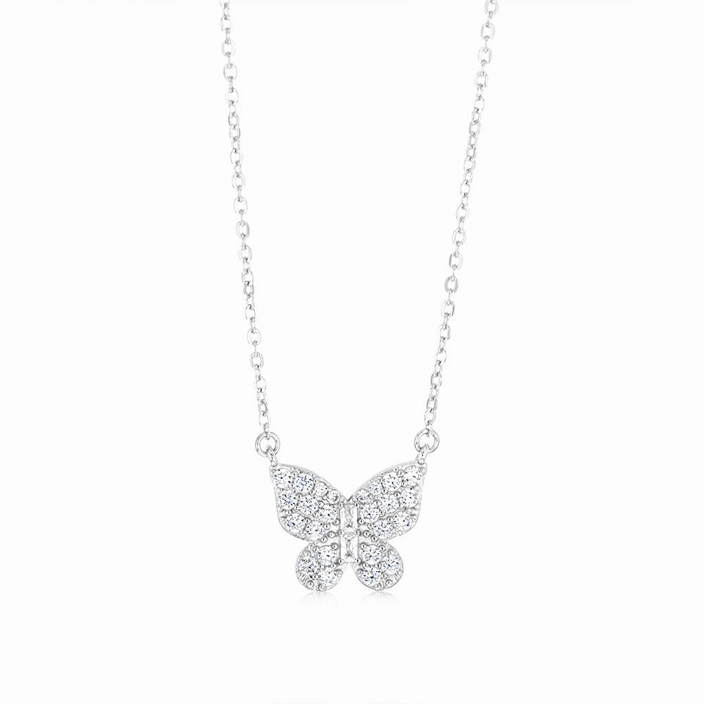 Sterling Silver Rhodium Plated Cubic Zirconia Butterfly Pendant On Chain
