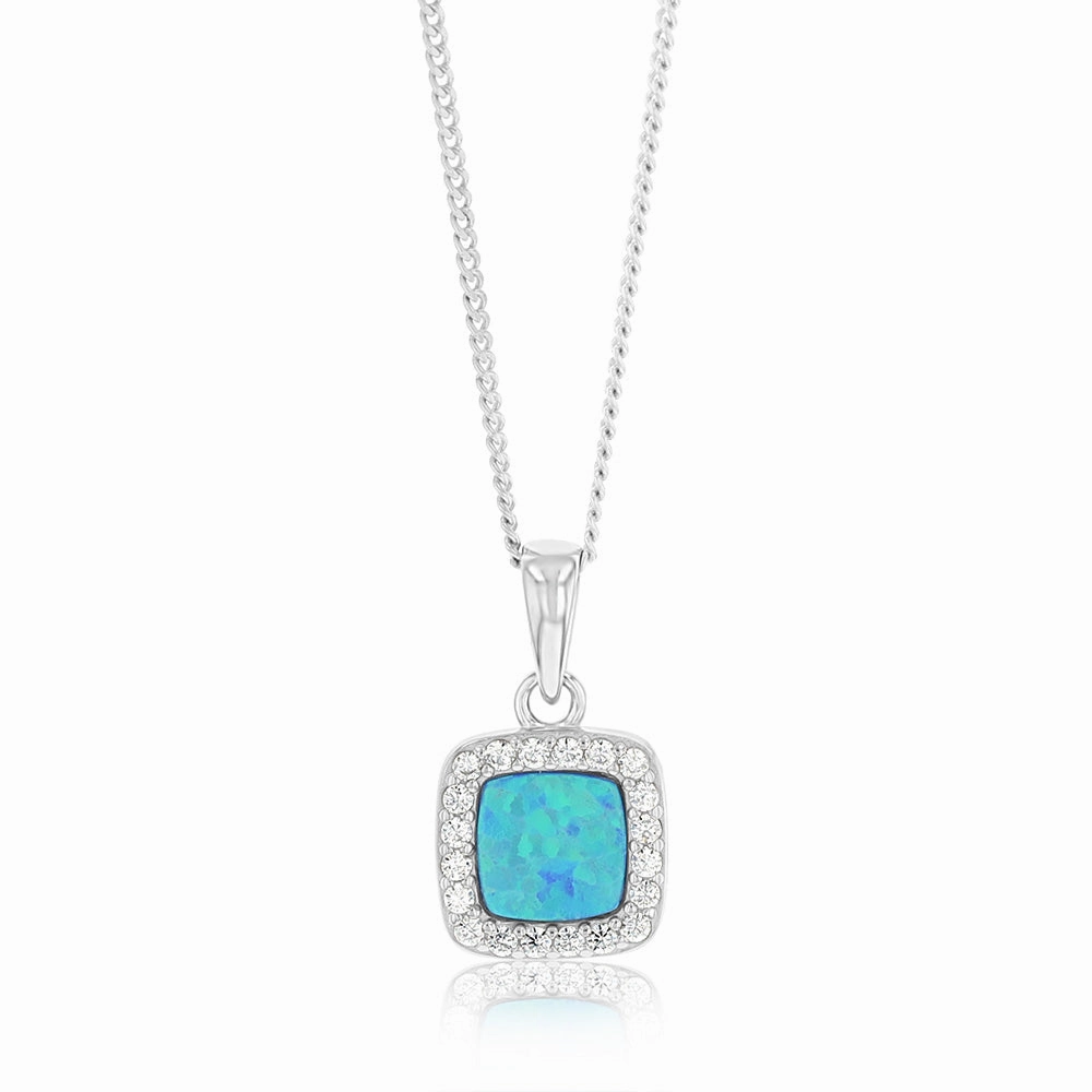 Sterling Silver Rhodium Plated Cubic Zirconia Created Blue Opal Square Pendant