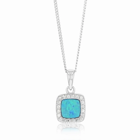 Sterling Silver Rhodium Plated Cubic Zirconia Created Blue Opal Square Pendant