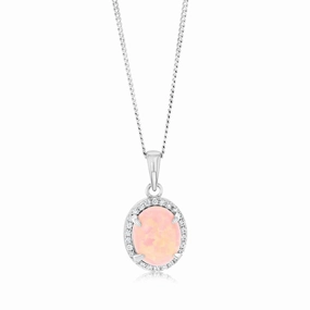 Sterling Silver Rhodium Plated Cubic Zirconia Created Pink Opal Oval Pendant