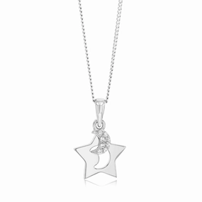 Sterling Silver Rhodium Plated Cubic Zirconia Moon And Star Pendant