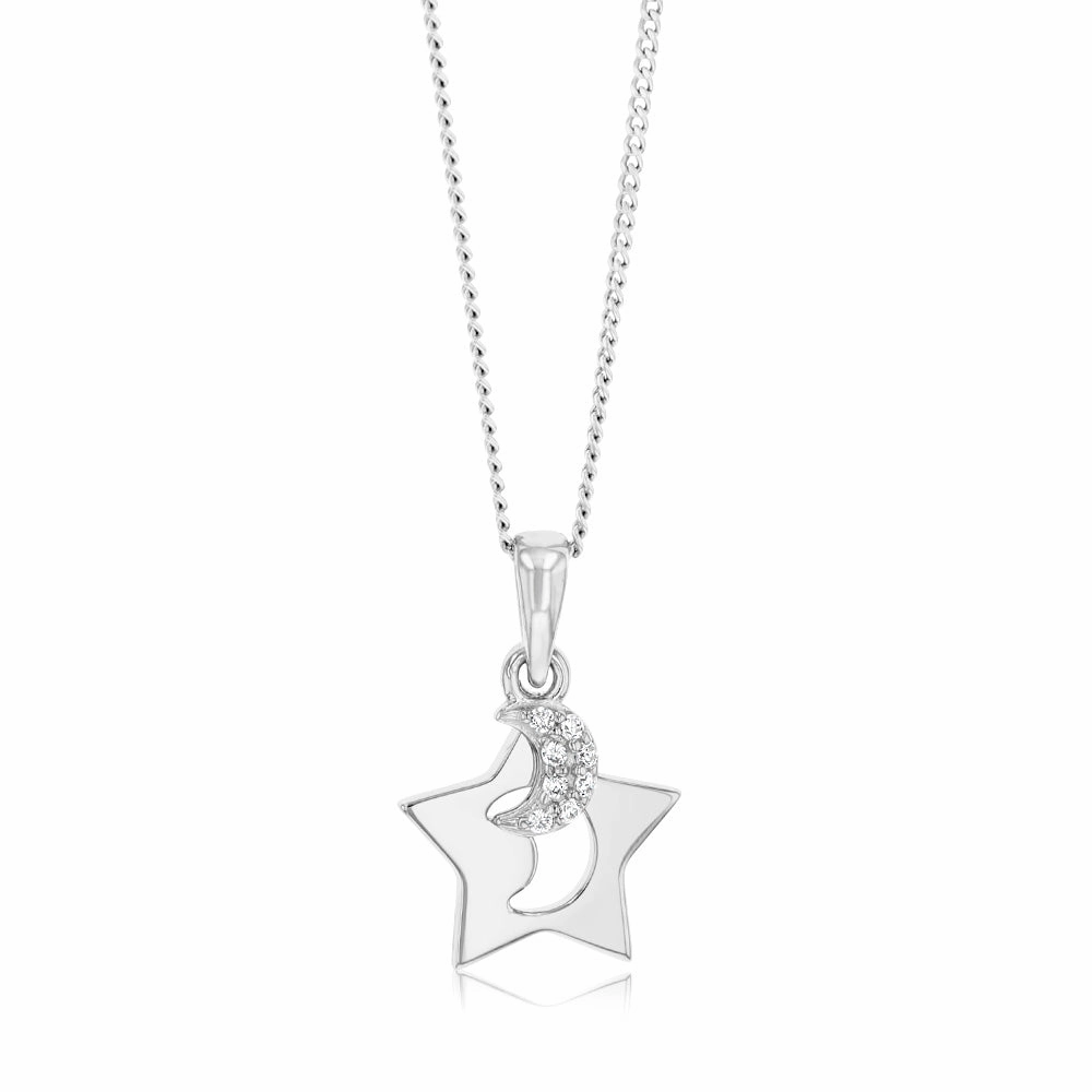 Sterling Silver Rhodium Plated Cubic Zirconia Moon And Star Pendant