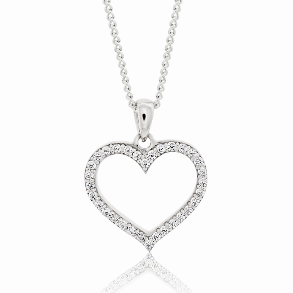 Sterling Silver Rhodium Plated Cubic Zirconia Open Heart Pendant