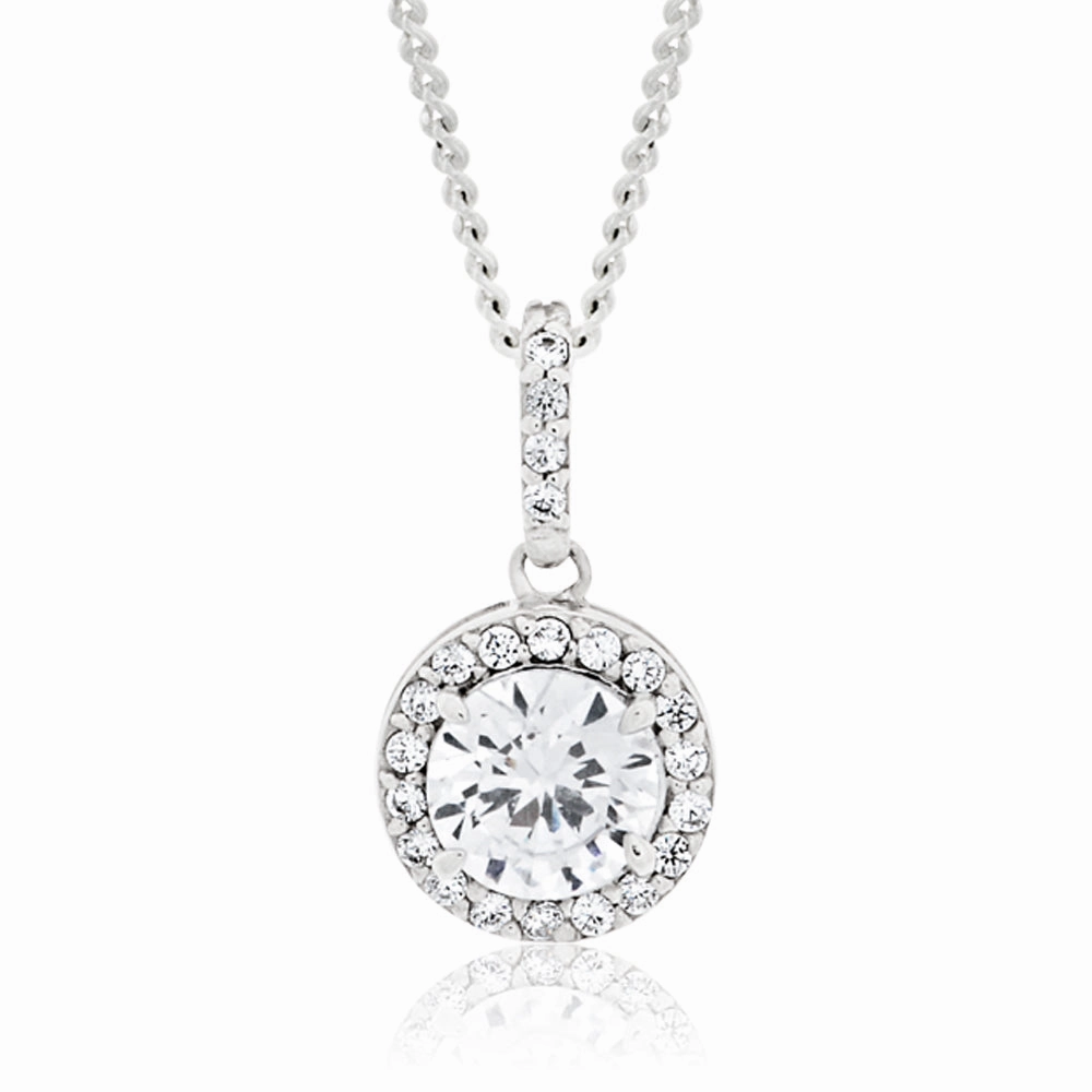 Sterling Silver Rhodium Plated Cubic Zirconia Round Pendant