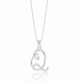Sterling Silver Rhodium Plated Cubic Zirconia Script "Q " Initial Pendant