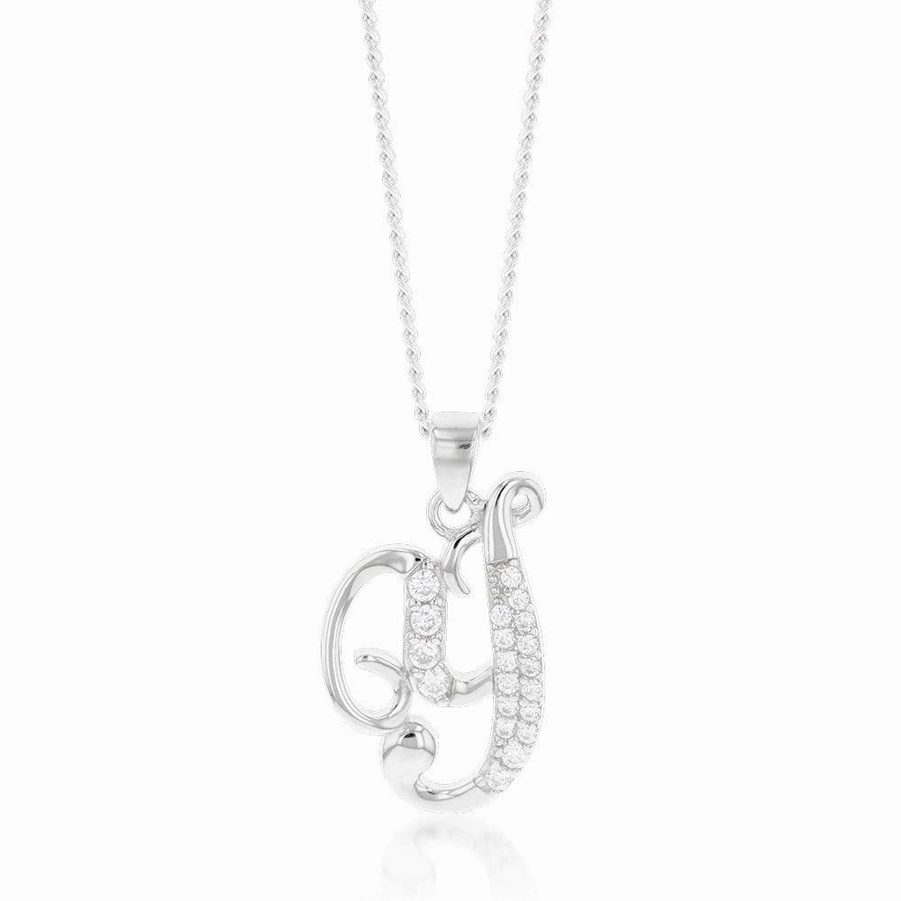 Sterling Silver Rhodium Plated Cubic Zirconia Script "Y " Initial Pendant