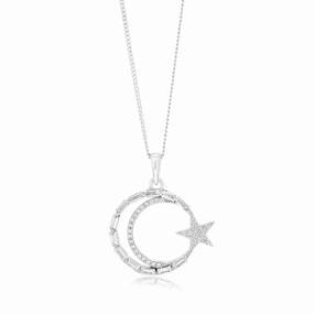 Sterling Silver Rhodium Plated Cubic Zirconia Star And Moon Round Pendant