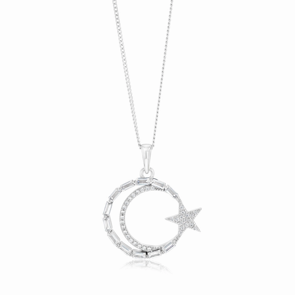 Sterling Silver Rhodium Plated Cubic Zirconia Star And Moon Round Pendant