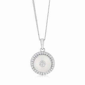 Sterling Silver Rhodium Plated Cubic Zirconia White Shell Pearl Round Pendant