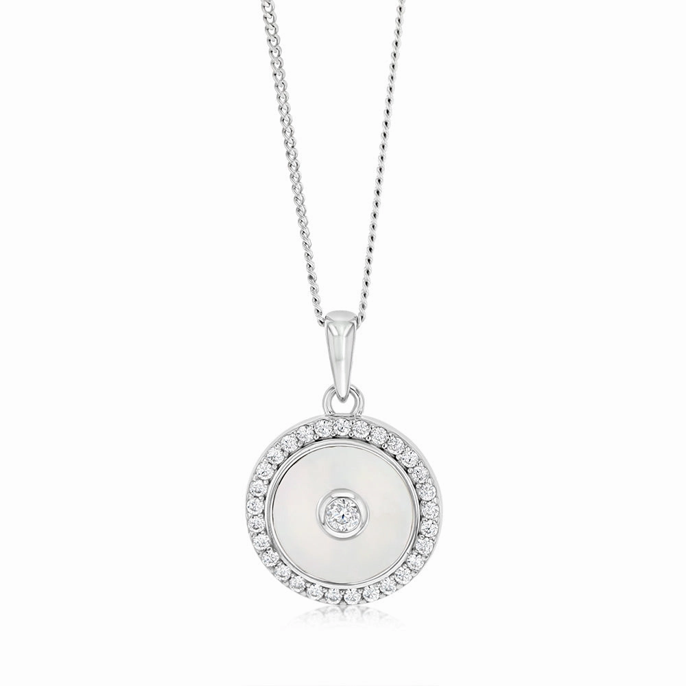 Sterling Silver Rhodium Plated Cubic Zirconia White Shell Pearl Round Pendant