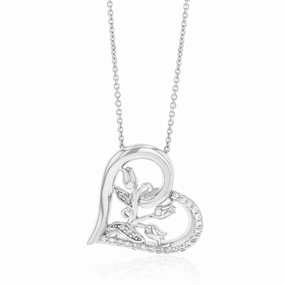 Sterling Silver Rhodium Plated CZ 3 Flower On Heart Pendant With 45cm Chain