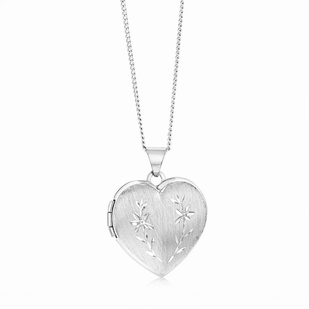 Sterling Silver Rhodium Plated Engraved Heart Locket