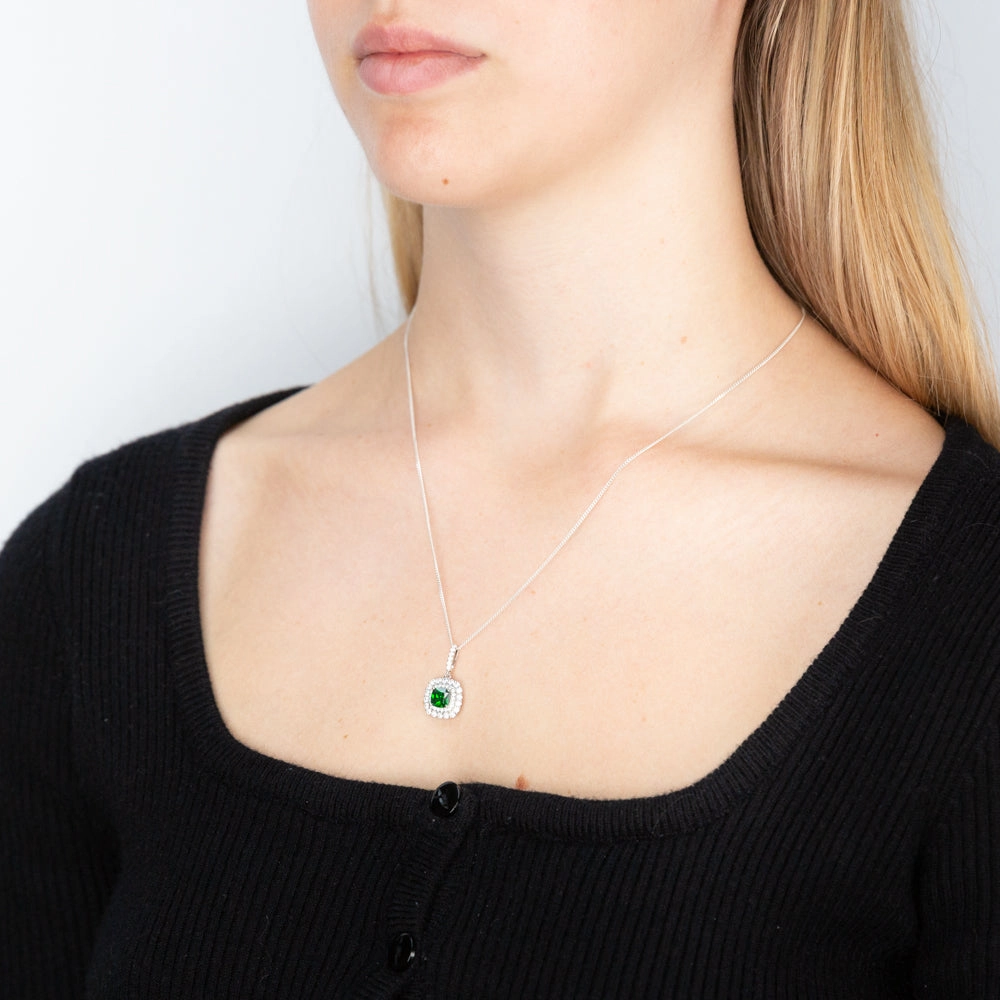 Sterling Silver Rhodium Plated Green And White Cushion Pendant