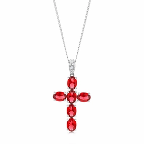 Sterling Silver Rhodium Plated Oval Red Stone Cross Pendant