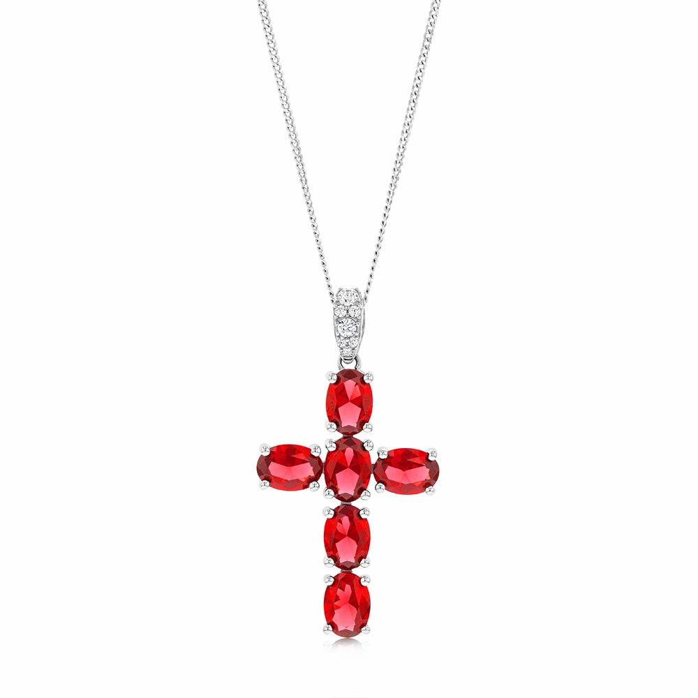 Sterling Silver Rhodium Plated Oval Red Stone Cross Pendant