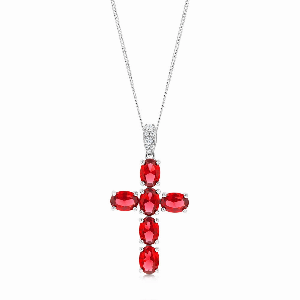 Sterling Silver Rhodium Plated Oval Red Stone Cross Pendant