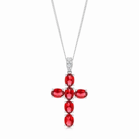 Sterling Silver Rhodium Plated Oval Red Stone Cross Pendant