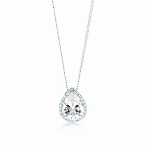 Sterling Silver Rhodium Plated Pear Shaped Light Blue And White Zirconia Pendant