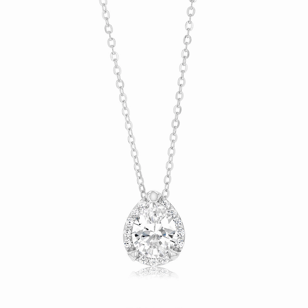 Sterling Silver Rhodium Plated Pear Shaped Zirconia Pendant On 40 5cm Chain