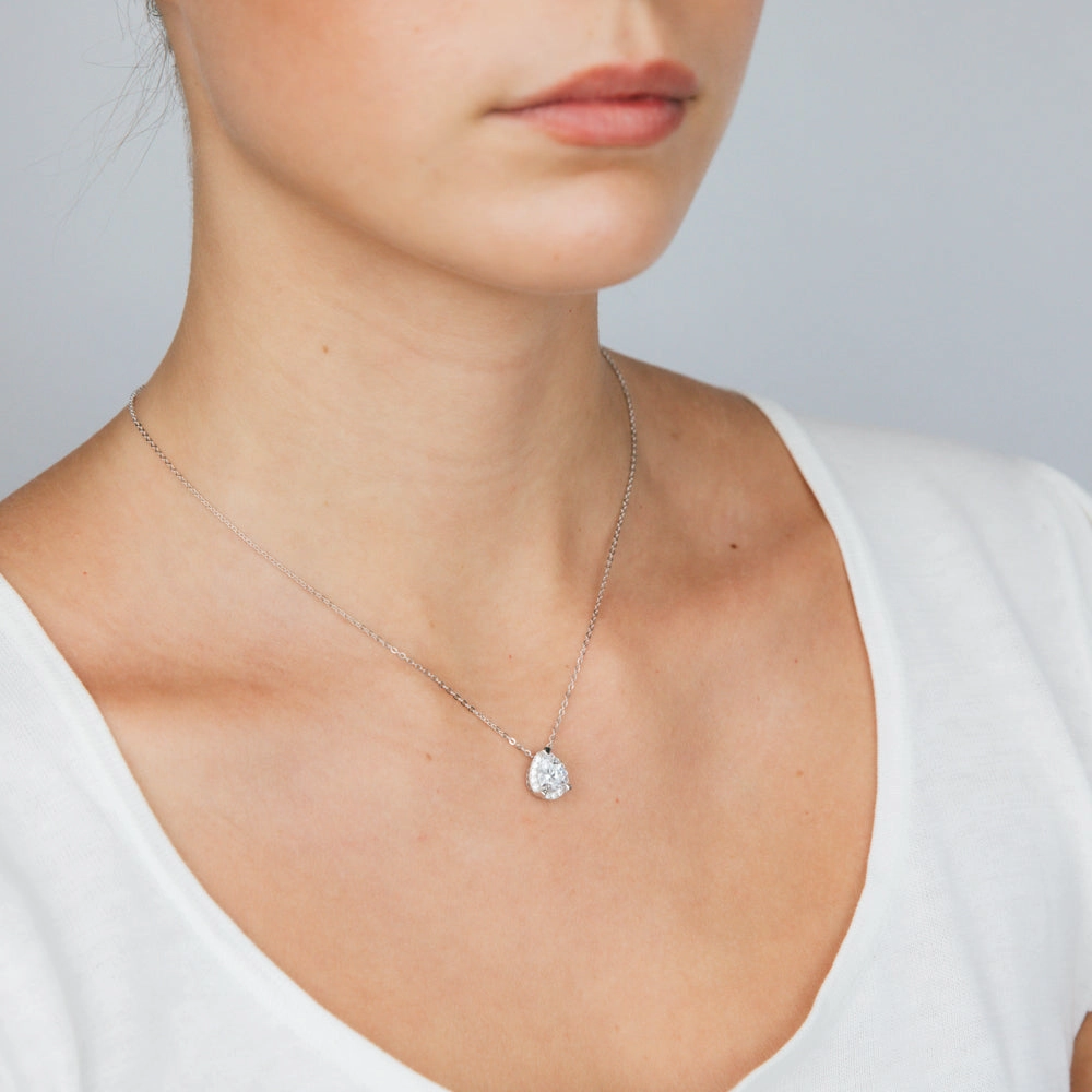 Sterling Silver Rhodium Plated Pear Shaped Zirconia Pendant On 40 5cm Chain