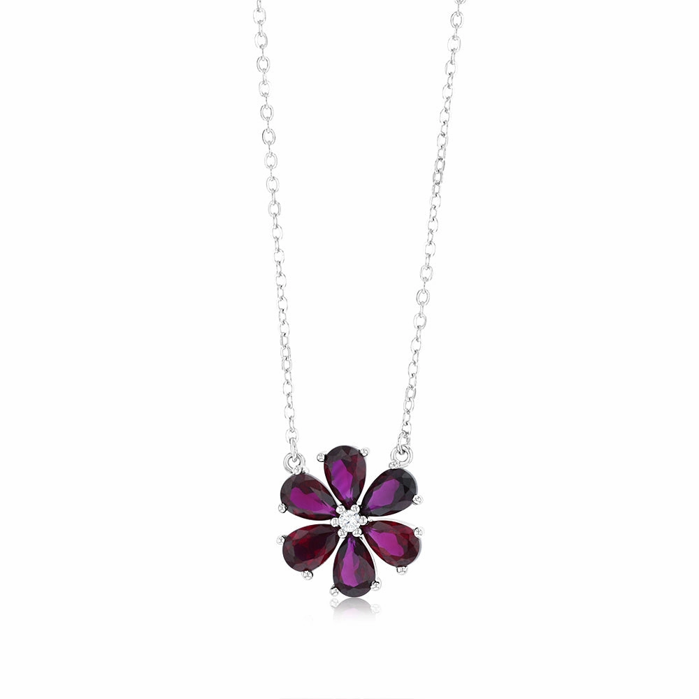 Sterling Silver Rhodium Plated Red Cubic Zirconia Flower Pendant On Chain
